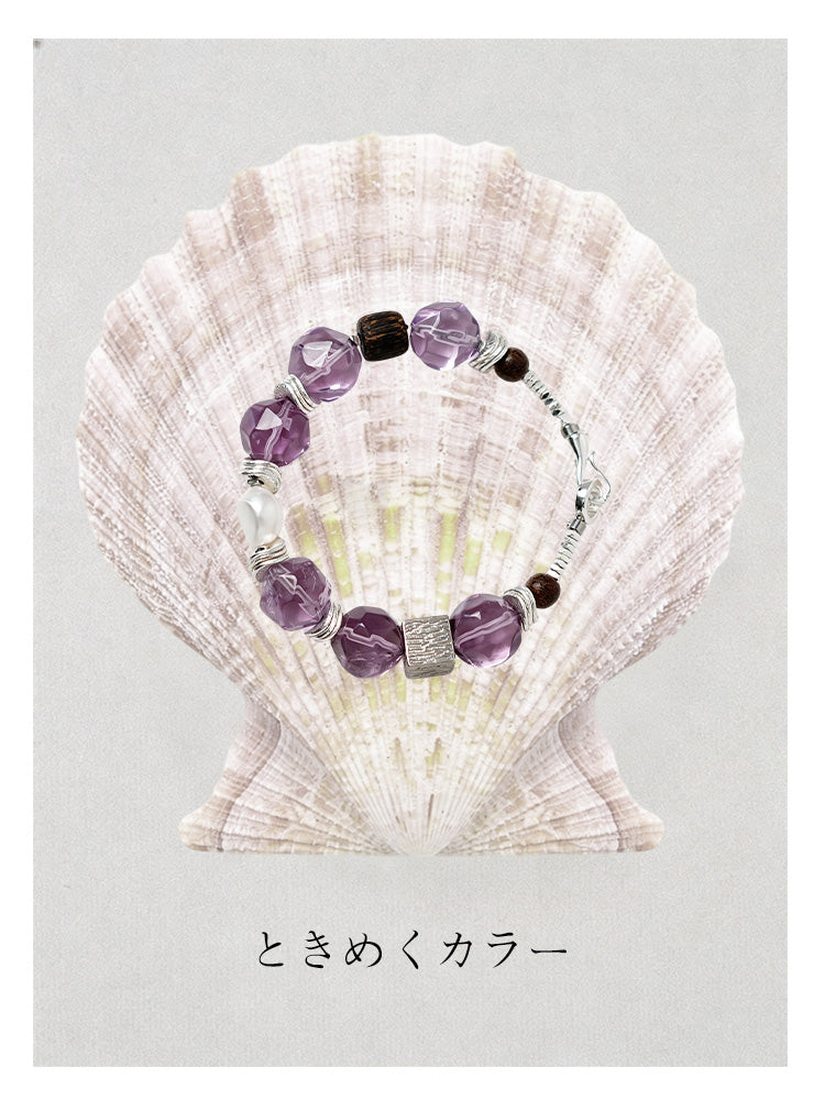 【惹きつける気品】マインドパープルブレスレット / 13mm多面カット紫水晶×癒やしの沈香木（ワンタッチ着脱仕様）