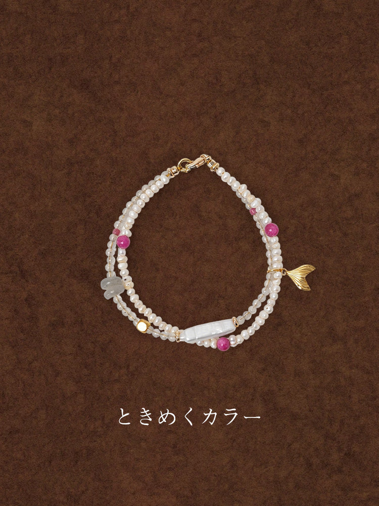 【人魚の涙】マーメイドピンクブレスレット / 薔薇石×シラー月光石（可愛い砂金魚のしっぽチャーム）