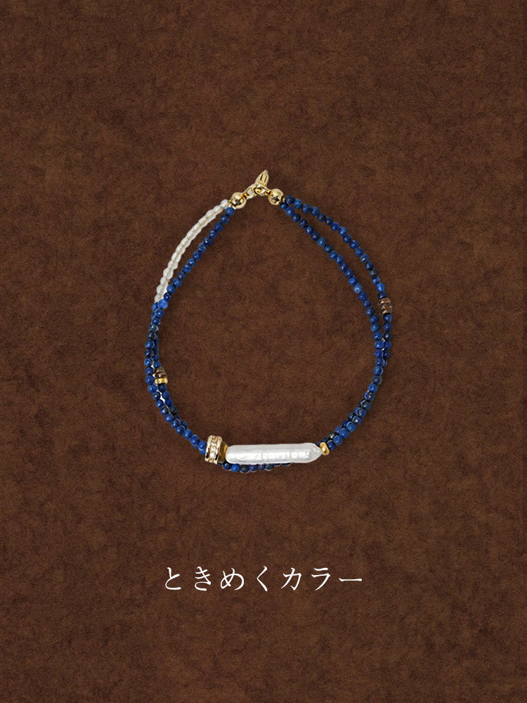 【星空のお守り】群青の2連スキンジュエリー / 3-4mm青金石小米珠×シラー月光石（洗練された大人可愛い仕様）