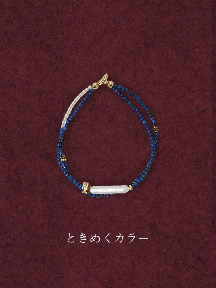 【星空のお守り】群青の2連スキンジュエリー / 3-4mm青金石小米珠×シラー月光石（洗練された大人可愛い仕様）